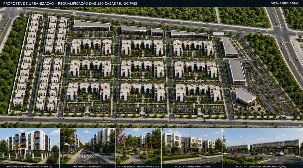 Planta 3D da Proposta de Urbanização e Requalificação de 150 Casas Municipais no Bairro Zimpeto - Esselte
